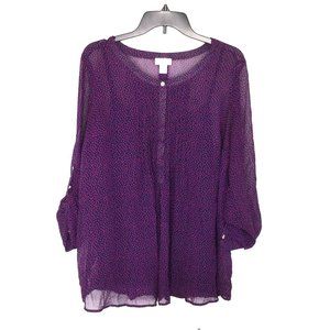 Motherhood Maternity Top Women Large Purple Polka Dot Sheer Roll Tab Sleeve